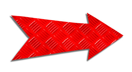 Red metallic iron direction arrow sign with steel checker plate (or diamond plate) industrial metal...