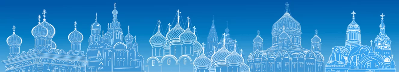 Fotobehang blue strip from orthodox church silhouettes © Alexander Potapov