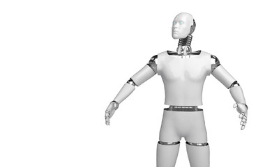 3d rendering humanoid robot thinking and Select something robot point object on white background