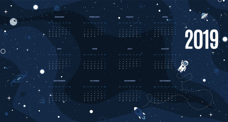 Wall Monthly Calendar 2019 year. Vector space style template