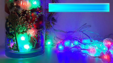 Obraz na płótnie Canvas Christmas holidays composition on dark, blue background with copy space for your text. Blue Christmas Background with Border. Chic Christmas Greeting Card.
