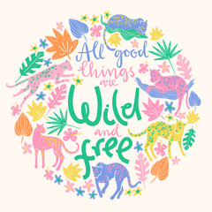 Vector poster with jaguars, tropic plants and hand letterin quot