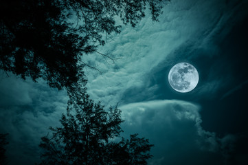 Landscape of sky with full moon at night. Serenity nature background.