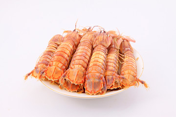 Cooked mantis shrimp in dish