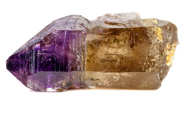 Macro Mineral Stone Amethyst together smoky quartz, rauchtopaz on a white background