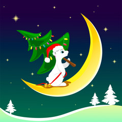 A northern bear in a Santa hat with bells in a paw carries a dressed Christmas tree on the moon in the middle of the night sky, and below are snowy Christmas trees and slopes