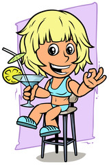 Fototapeta na wymiar Cartoon girl character with cocktail in glass
