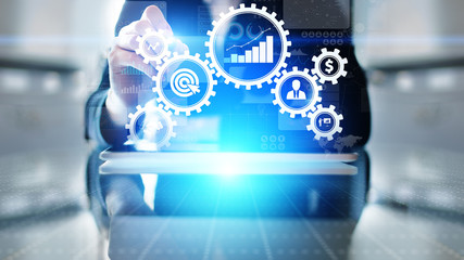 Business process management, automation workflow, document validation, connected gear cogs with...