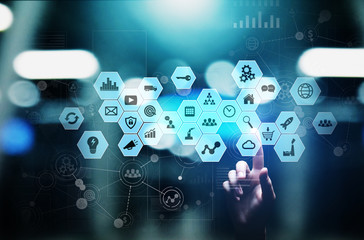 Mixed media, Business intelligence icons on virtual screen, analysis and big data processing dashboard. Business and modern information technology concept.