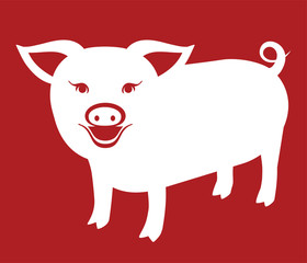 Pig icon. White Pig on red background. Chinese New Year