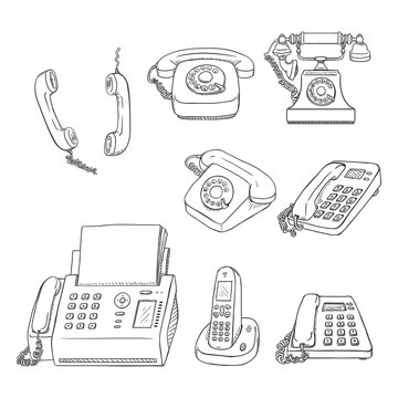 Vector Set of Sketch Telephones and Handsets. Collection of Phones.