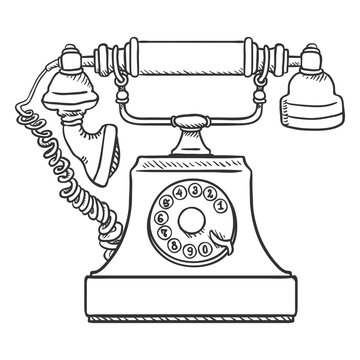 Vector Sketch Old Vintage Telephone. Retro Rotary Phone