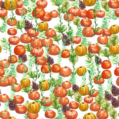 Seamless watercolor background with oranges and tangerines, watercolor illustration.