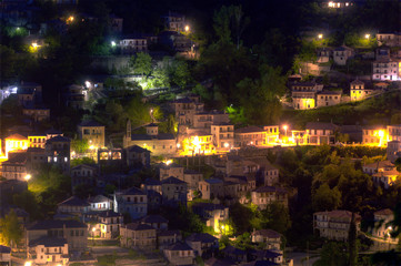 Mountain village, street lights at night landmark view