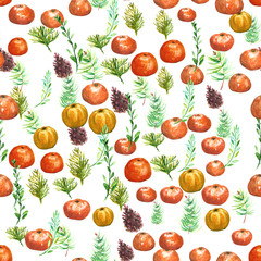 Seamless watercolor background with oranges and tangerines, watercolor illustration.