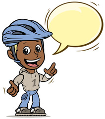 Cartoon blonde boy character with speech bubble