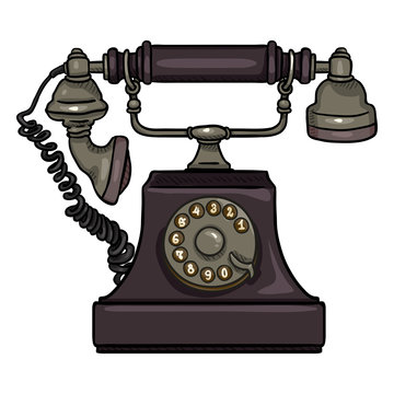 Vector Cartoon Purple Old Vintage Telephone. Retro Rotary Phone