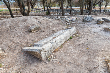 The remains  of the column on the ruins of the destroyed Roman temple, located in the fortified city on the territory of the Naftali tribe. Tel Kadesh in the north of Israel
