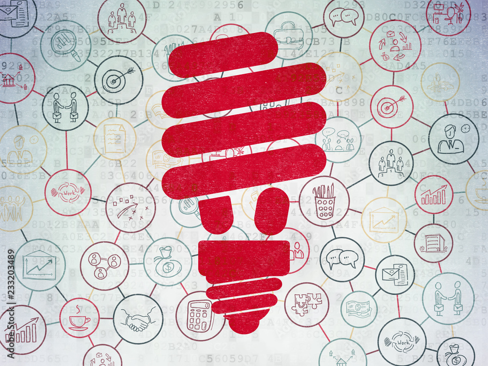 Poster finance concept: painted red energy saving lamp icon on digital data paper background with scheme of
