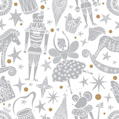 Silver Christmas vector seamless Nutcracker pattern.  Seamless pattern can be used for wallpaper, pattern fills, web page background, surface textures.