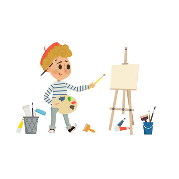 Artist Boy drawing and painting picture with brush and palette on the easel. Children art and design school concept. Cartoon illustration in flat style