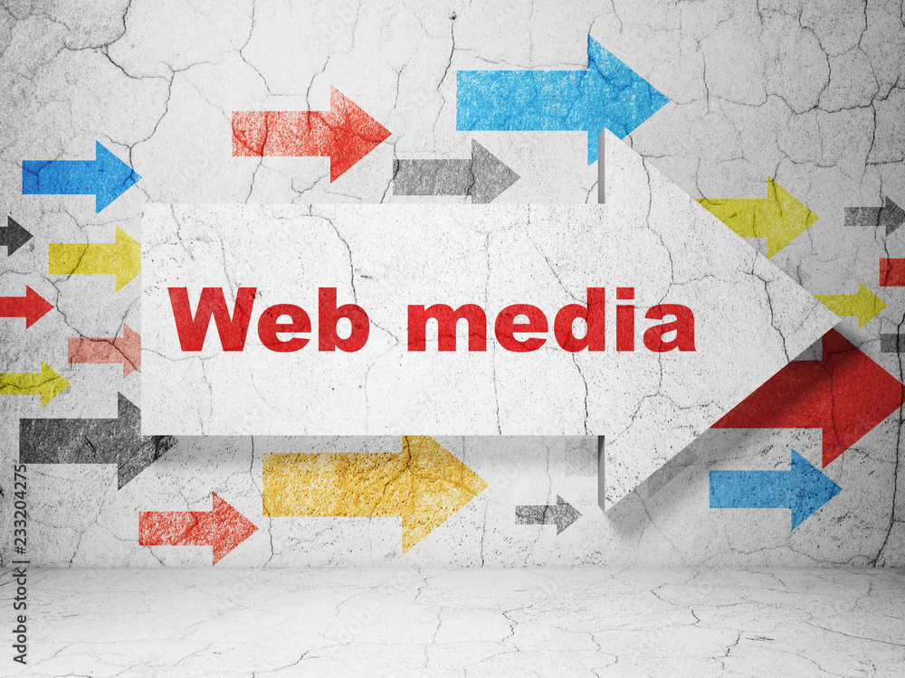 Poster web development concept: arrow with web media on grunge textured concrete wall background, 3d render