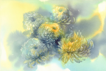 Fototapeta na wymiar Chrysanthemum flowers watercolor background. Abstract salt made marble background.