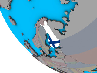 Finland with embedded national flag on simple 3D globe.