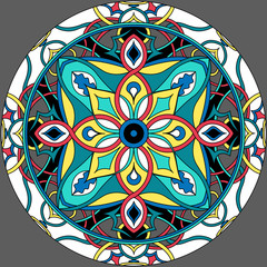 Circle mandala, gray backround. Vector illustration. Meditation poster. Line ornament. Adult coloring page.