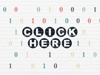 Web development concept: Painted black text Click Here on White Brick wall background with Binary Code