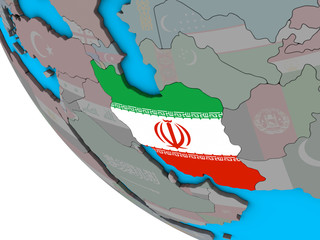 Iran with embedded national flag on simple 3D globe.