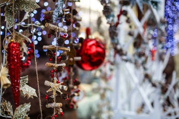 Idea for Christmas greeting card, Christmas tree ornaments, bokeh