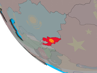 Kyrgyzstan with embedded national flag on simple 3D globe.