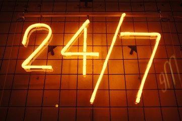 24 7 bar neon red signboard. Open sign. Day and night working. 24 hour concept