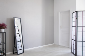 Real photo of minimal entrance hall interior with light grey empty wall, black mirror and white door