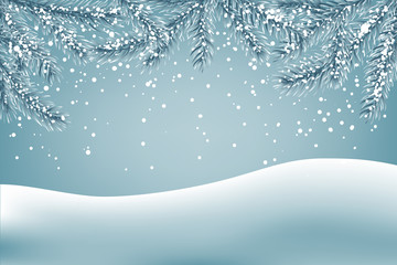  Winter background with falling snow and fir branches and ground covered with snow. Christmas card with space for text.