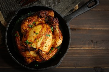 Thanksgiving Xmas Dinner Whole Chicken Roast or Cornish hen fry - obrazy, fototapety, plakaty