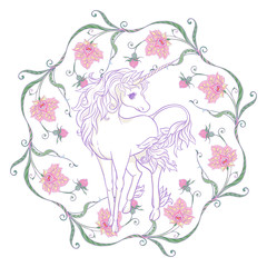 Obraz na płótnie Canvas Unicorn and fantastic vintage flowers.
