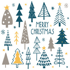Merry christmas. Simple minimalist trees. Doodle forest set. Cartoon hand drawn vector illustration. Holiday, new year set for greeting cards, backgrounds or wrapping paper designs