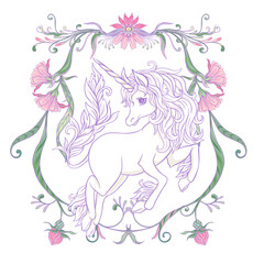 Unicorn and fantastic vintage flowers.