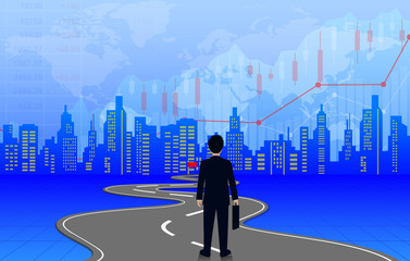 Businessmen are walking on a winding road. World map succeed in business finance and higher in organization. to the destination. go to target growth. Leadership. creative idea. vector illustration