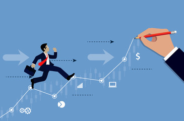 Businessmen run on chart graph line to goal to achieve success drawing on blue background. go to target growth. leadership. Modern idea. creativity. business concept. cartoon vector Illustration