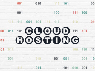 Cloud technology concept: Painted black text Cloud Hosting on White Brick wall background with Binary Code