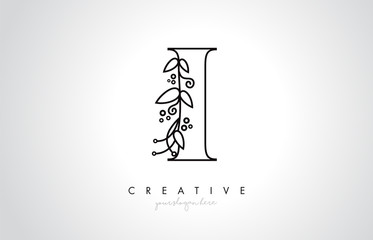 I Letter Logo With Organic Monogram Plant Leafs Detail and Circle Design