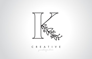 K Letter Logo With Organic Monogram Plant Leafs Detail and Circle Design