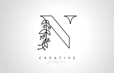 N Letter Logo With Organic Monogram Plant Leafs Detail and Circle Design