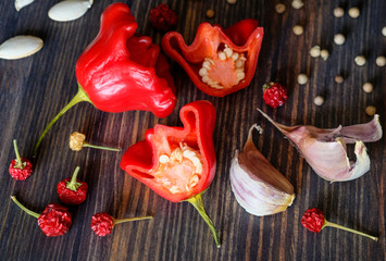 Fototapeta premium Fresh red peppers in the form of a roses, peas of pepper (red, white, green), garlic and seeds of a pumpkin