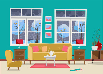 Living room with Furniture-sofa with table, nightstand, paintings, lamps, vase, carpet, porcelain set, soft chair in room with two large window.Outside winter landscape with trees. Flat cartoon vector