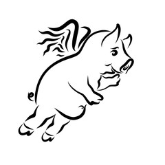 cheerful flying pig waving his hand, black contour