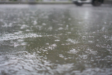 Fototapeta premium Heavy rain falls on asphalt with blurry cars (focus on road surface)